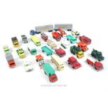 45 Matchbox Lesney Diecast model commercial, farm and motorcar vehicles; all unboxed and in a played