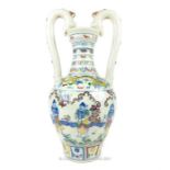 A Chinese famille vert, twin handled vase; 46cm high.