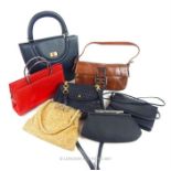 Seven vintage ladies handbags and evening bags, comprising: Tanner Krolle red leather clutch, Apsrey