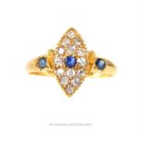 An antique 18 ct diamond and sapphire marquise- shaped ring