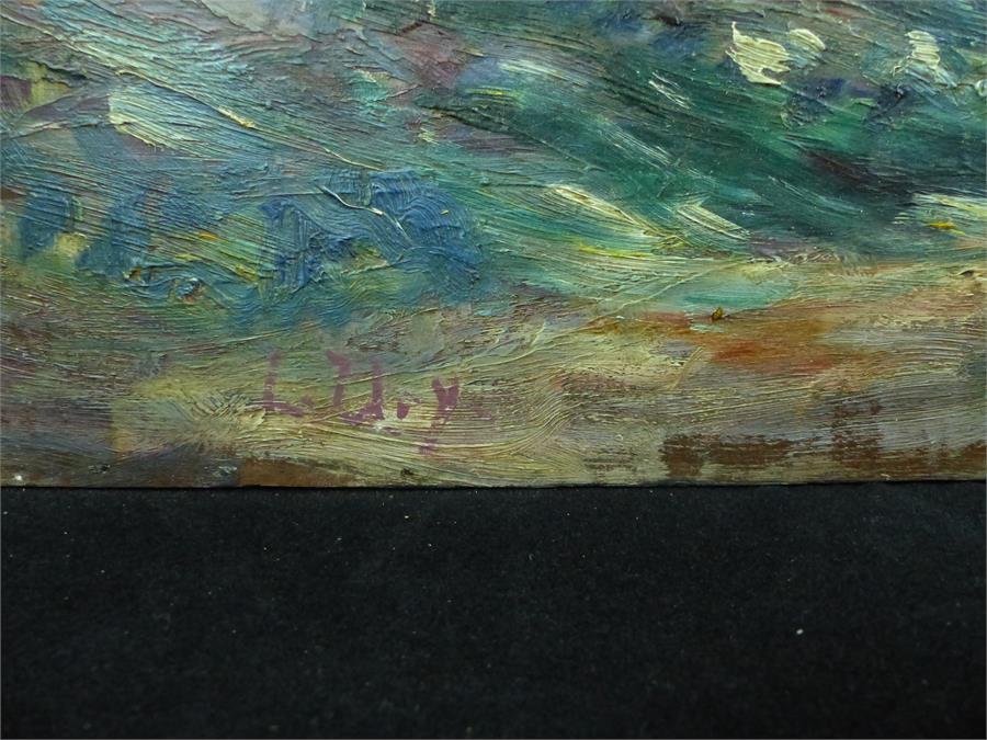 A late 19th century oil on board of a straw roofed dwelling indistinctly signed (possibly reads " - Image 3 of 3