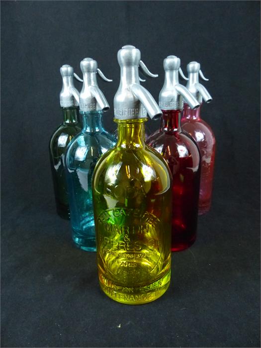 A harlequin set of six coloured glass artisan soda syphons - Image 2 of 2