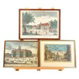 A pair of 19th century hand coloured book plates of streets and buildings, together a reproduction