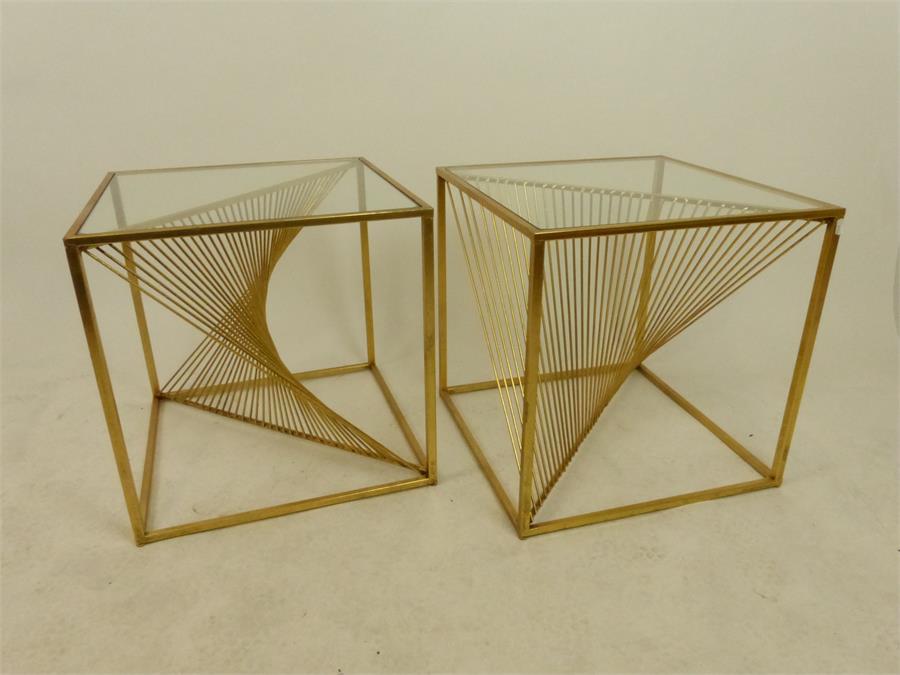 A pair of gilt metal square occasional tables with glass tops, 52 x 52 x 52 cm