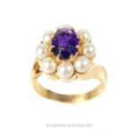 A 14ct gold amethyst and natural South Sea Akoya pearl dress ring