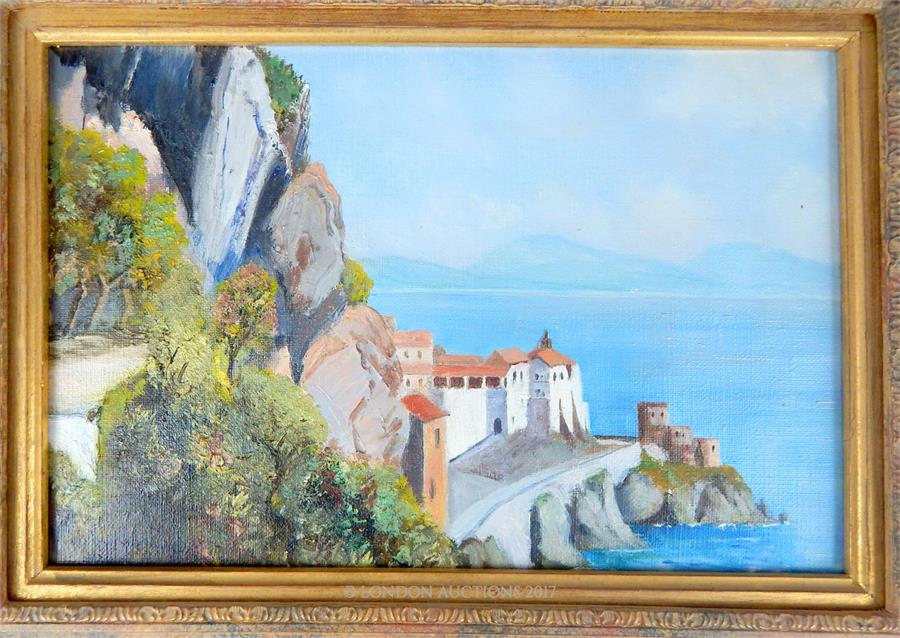 Greek School, 20th century scene; oil on canvas, View of a monastery, probably in the vicinity of - Image 2 of 2
