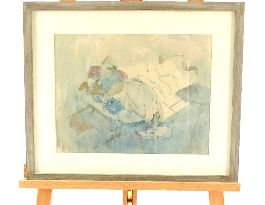 Unsigned contemporary art, still life, a messy bed, watercolour, 30x 39cm