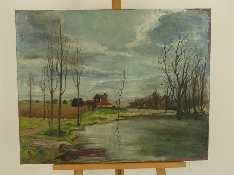 A 20th century landscape of modern dwelling within a country landscape; oil on canvas; unframed;