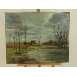 A 20th century landscape of modern dwelling within a country landscape; oil on canvas; unframed;