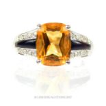 A 9 ct white gold, Art Deco style, citrine, onyx and diamond ring