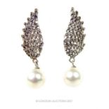 A pair of silver, marcasite and pearl drop earrings