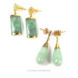 Two pairs of 14 ct yellow gold and jade earrings