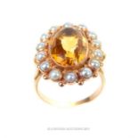 An exquisite 14 ct yellow gold citrine and seed pearl cluster ring