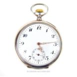 A PWC silver pocket watch with a white enamel dial and black Arabic numerals