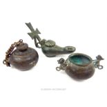 Three probably 19th century Coptic Christian bronze items including a lucerne, (oil lamp)