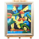 A 20th century abstract and naive depiction of a crowd of people; acrylic on fibrous board;