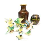 Two cloisonne items and a selection of small porcelain birds