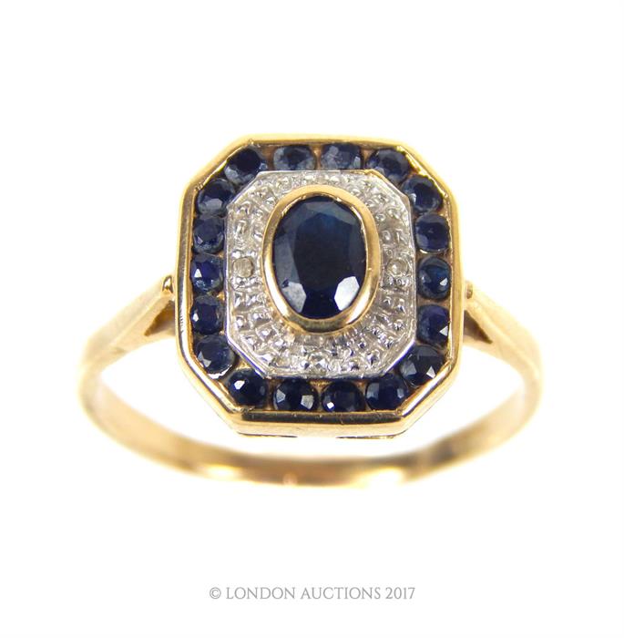 9 ct yellow gold Art Deco style sapphire and diamond dress ring