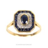 9 ct yellow gold Art Deco style sapphire and diamond dress ring