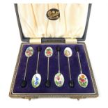 A cased set of six English sterling silver and enamel tea spoons