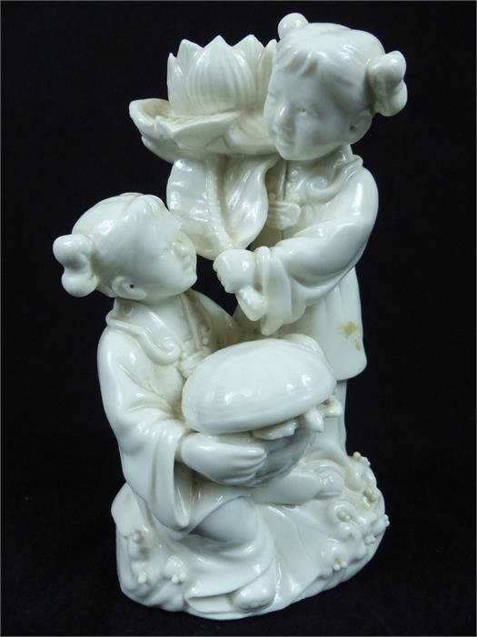 A Chinese blanc de chine figure group, modelled as two young girls, one kneeling holding a basket,