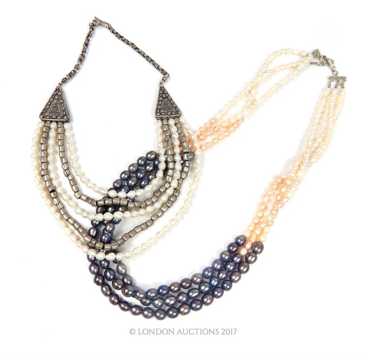 A pair of elegant, freshwater pearl necklaces with sterling silver fittings - Image 2 of 2