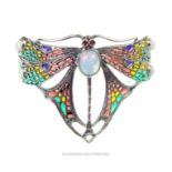A silver plique a jour, Art Nouveau style cuff bangle; featuring a butterfly.