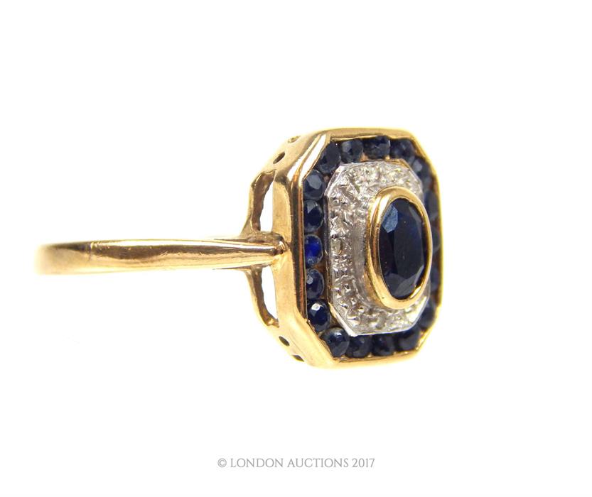 9 ct yellow gold Art Deco style sapphire and diamond dress ring - Image 3 of 3
