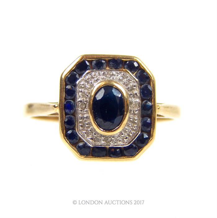 9 ct yellow gold Art Deco style sapphire and diamond dress ring - Image 2 of 3