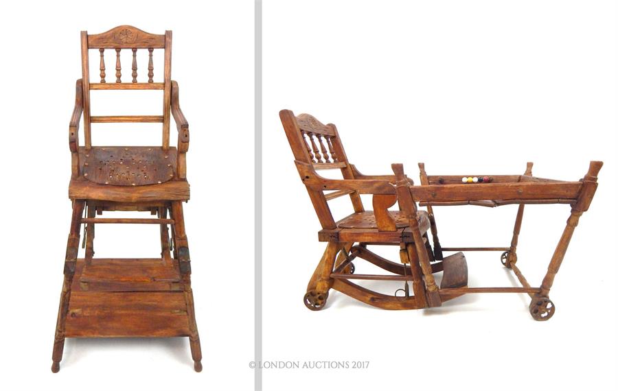 A Victorian style metamorphic child's high chair, folding to become a child's chair with play table