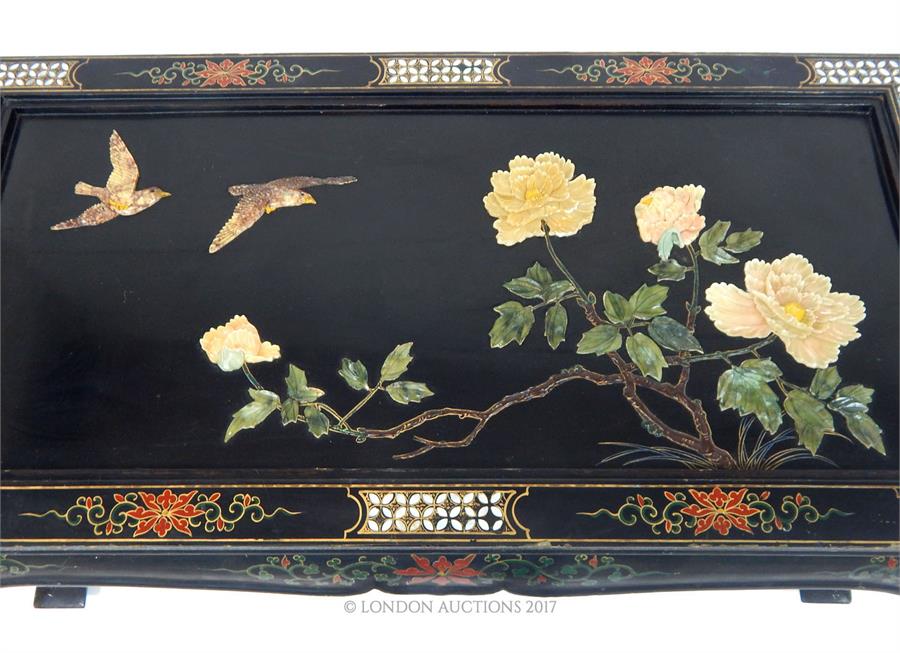 A 20th century Chinese black lacquered, painted and gilded low table, the top inlaid with mother of - Image 3 of 4