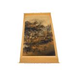 A modern Chinese wall hanging textile scroll depicting a landscape scene, sight size 151cm 58cm