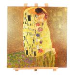 After Gustav Klimt, an unframed oil and gold paint on canvas 'The Kiss'