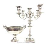 A silver plated four branch, five candle candelabra with an Olri Italian silver plated tazza