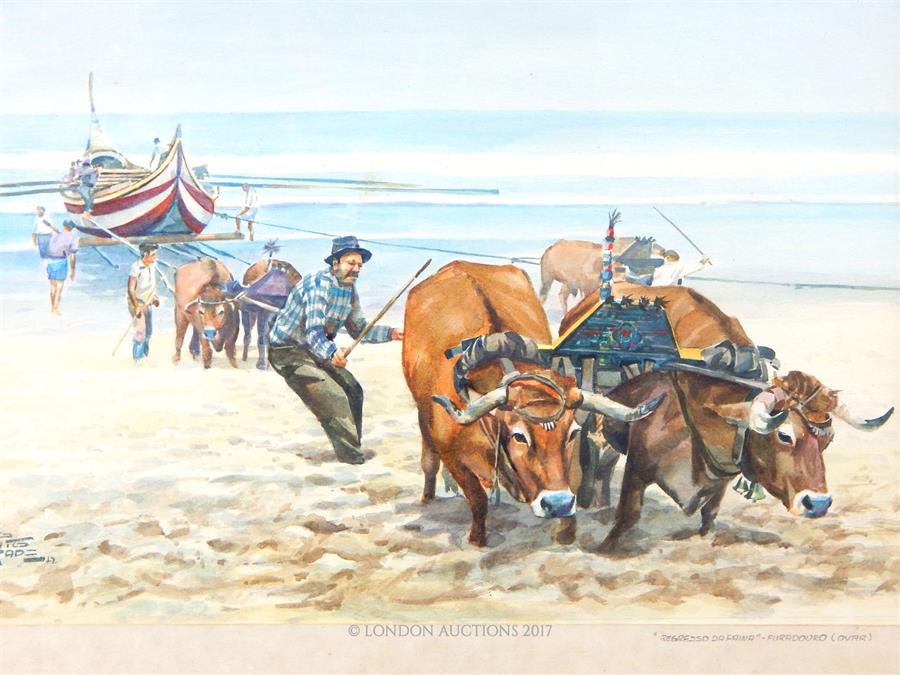 Hidolito Findpad, a watercolour beach scene depicting cattle pulling a boat ashore - Image 2 of 2