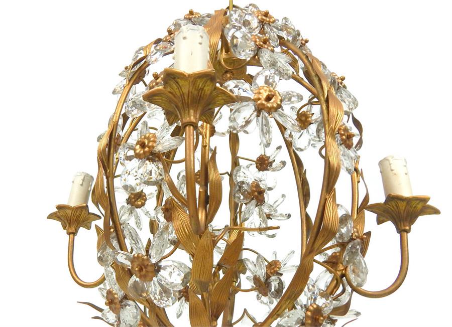 A gilded cage form chandelier, having four branches with four candles, decorated with lustres - Image 3 of 4