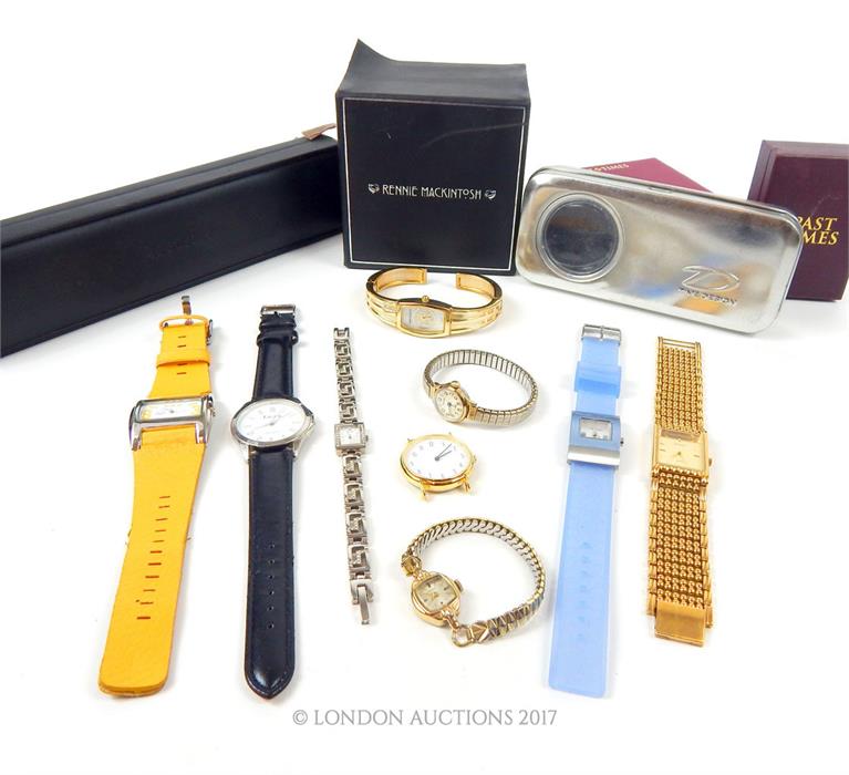A collection of watches, mainly with boxes, including examples by Accurist and Rennie Mackintosh
