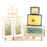 A collection of five Chinese pictures including an antique hardwood frame with mother of pearl