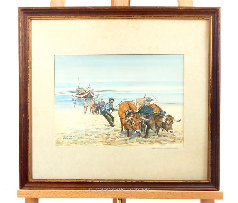 Hidolito Findpad, a watercolour beach scene depicting cattle pulling a boat ashore