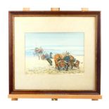 Hidolito Findpad, a watercolour beach scene depicting cattle pulling a boat ashore
