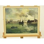 Jim H Bear, a mid 20th century oil on board industrial harbour scene, signed lower right