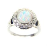 A silver CZ and opalite cocktail ring; size P/Q.