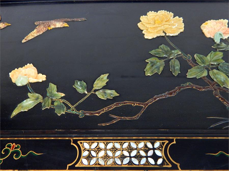A 20th century Chinese black lacquered, painted and gilded low table, the top inlaid with mother of - Image 4 of 4