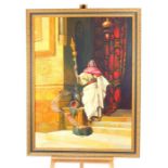 An oil on canvas study of an Arabian scene depicting a guard