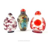 Three attractive, 20th century, Chinese, glass snuff bottles