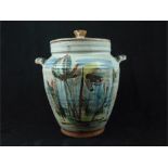 A 1960s art pottery twin handheld, lidded urn; indistinctly signed and dated "1962"; 36cm high.