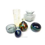 A collection of six glass wares: three Whitefriars style vases and bowl (tallest 21cm high) together