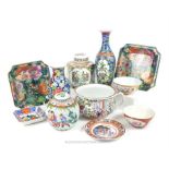 A collection of Chinese porcelain including two vases painted with flowers on a cobalt blue ground