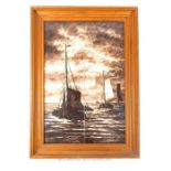 A framed set of six hand painted monochrome Delft tiles, depicting sailing boats at sea