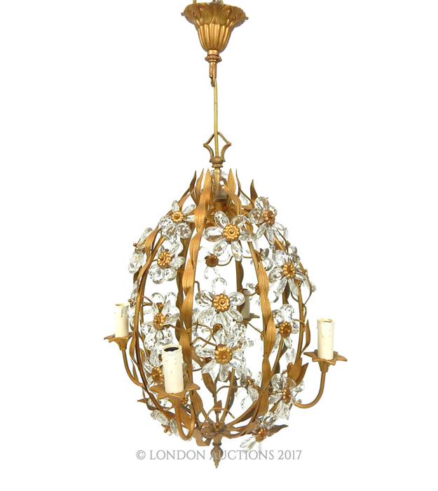 A gilded cage form chandelier, having four branches with four candles, decorated with lustres - Image 2 of 4